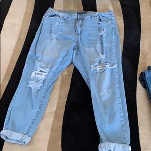 Distressed Blue jeans.